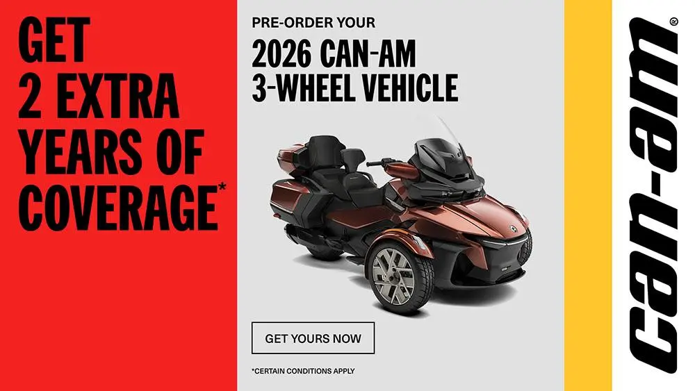 Pre-order a 2026 Can-Am 3-wheel vehicle and get two additional years of coverage