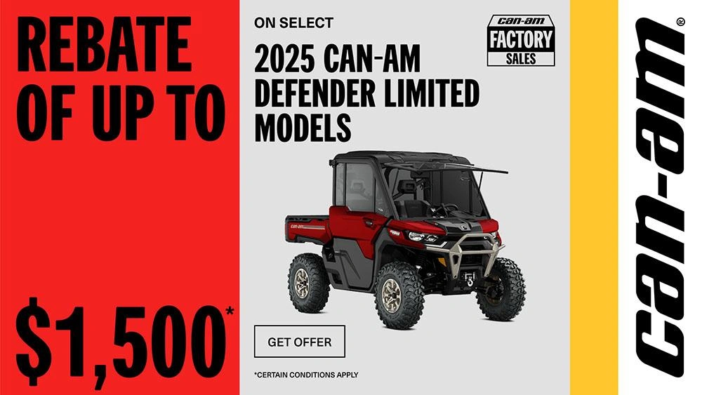 Rebate of up to $1,500 on select 2025 Can-Am Defender Limited models alt