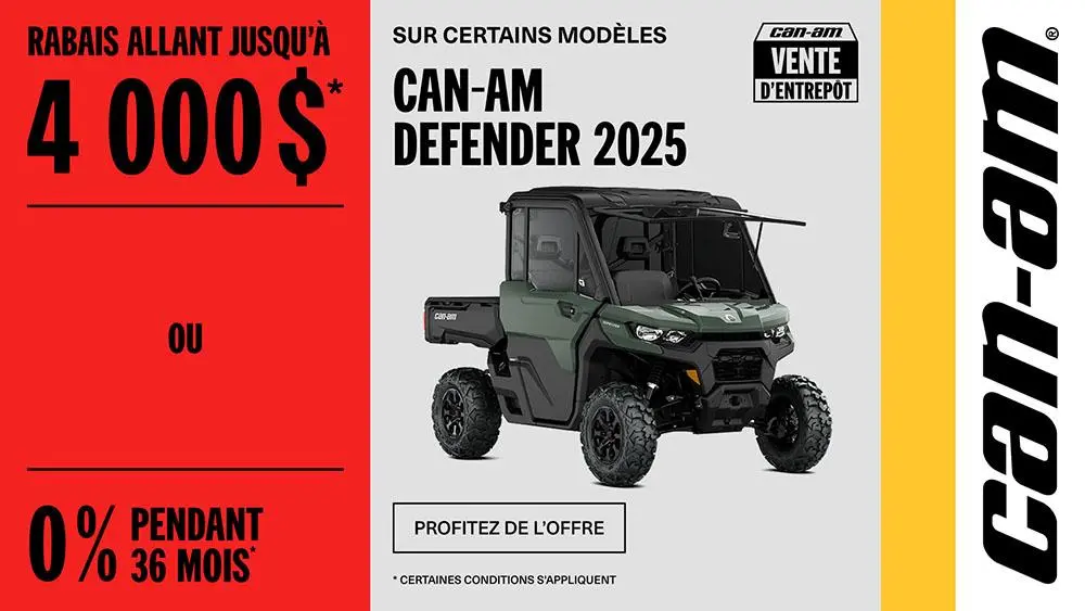 Rabais jusqu'à 4 000 $ ou 0 % pendant 36 mois sur certains modèles Can-Am Defender 2025