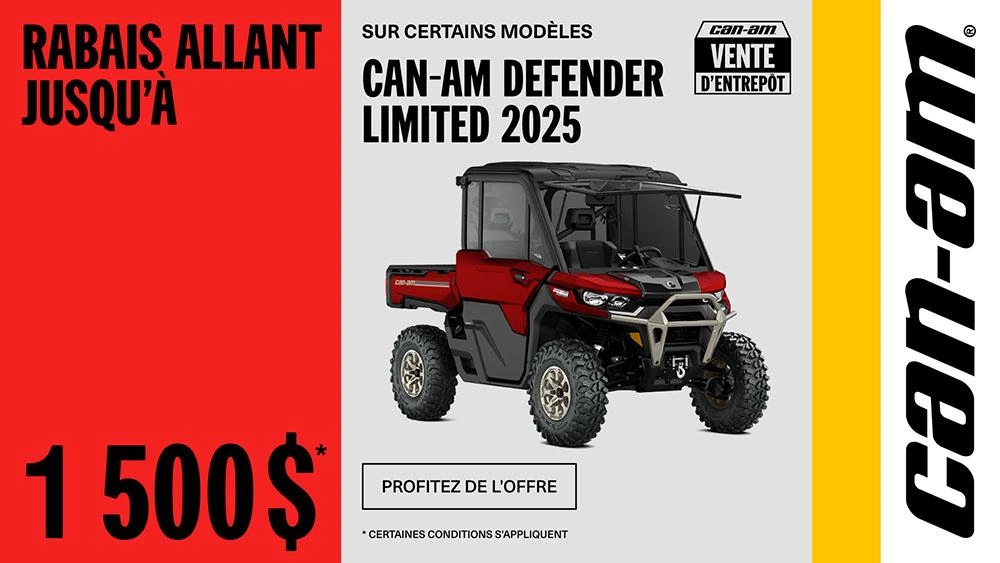 Rabais jusqu'à 1 500 $ sur certains modèles Can-Am Defender Limited 2025 alt