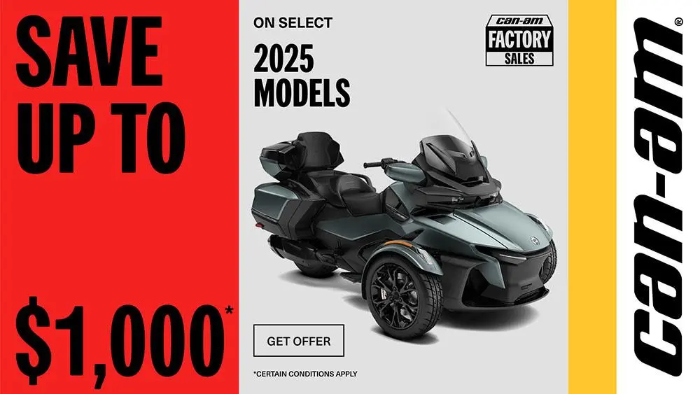 Get up to a $1,000 rebate or financing starting at 1.99% for 36 months on select 2025 Can-Am 3-Wheels