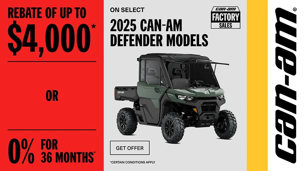 Rebate of up to $4,000 or 0% for 36 months on select 2025 Can-Am Defender models alt