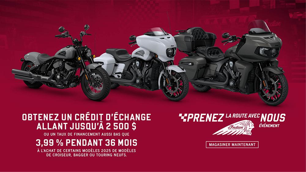 Promotion : obtenez jusqu'à 2 500 $ de crédit de reprise ou un financement spécial sur une sélection de modèles Cruiser, Bagger et Touring 2025 neufs. alt
