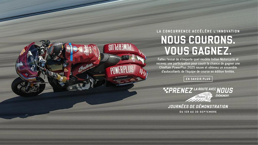 Rejoignez-nous pour notre événement Ride With Us, du 1er au 30 septembre. Venez essayer n'importe quel modèle Indian Motorcycle et participez automatiquement au tirage au sort pour gagner une Chieftain PowerPlus 2025. alt