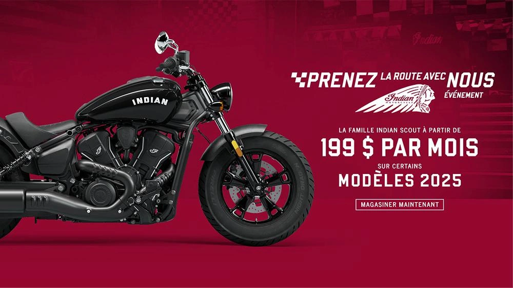 Promotion : paiements à partir de 199 $ par mois sur les nouveaux modèles Indian Scout 2025. alt