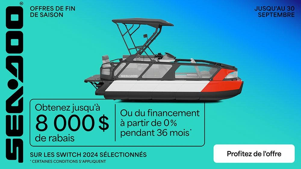 Obtenez jusqu'à 8 000 $ de rabais ou du financement à partir de 0% pour 36 moins à l'achat d'un modèle Sea-Doo Switch 2024 sélectionné alt