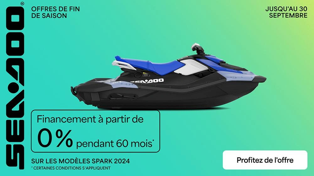 Financement à partir de 0% pour 60 mois sur les modèles Sea-Doo Spark 2024 sélectionnés alt