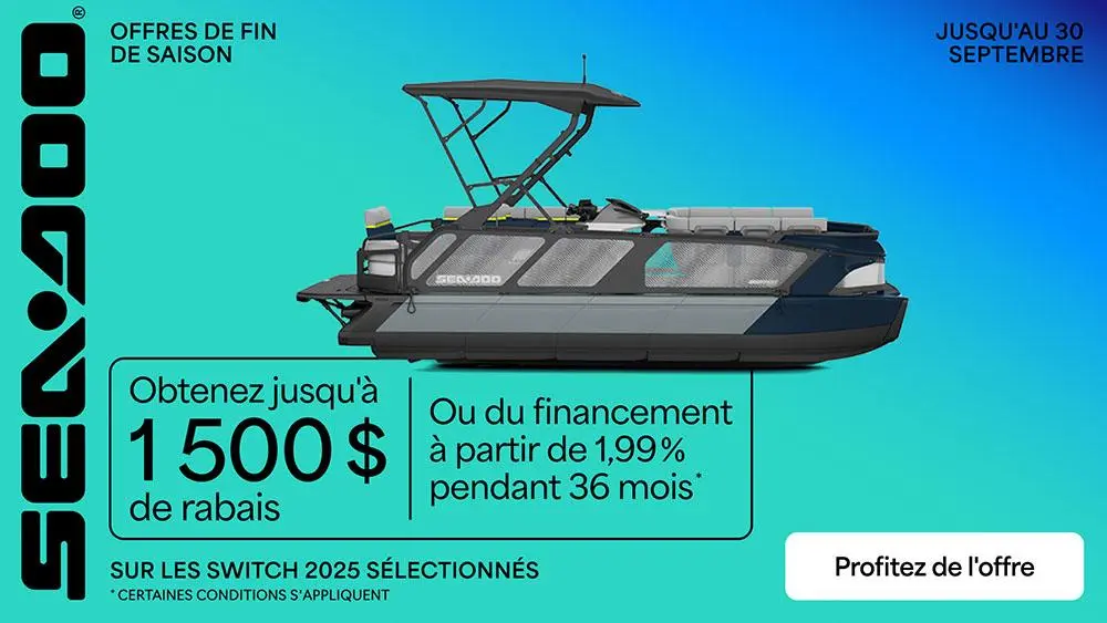 Obtenez jusqu’à 1 500 $ de rabais ou du financement à partir de 1,99 % pour 36 moins à l’achat d’un modèle Sea-Doo Switch 2025 sélectionné