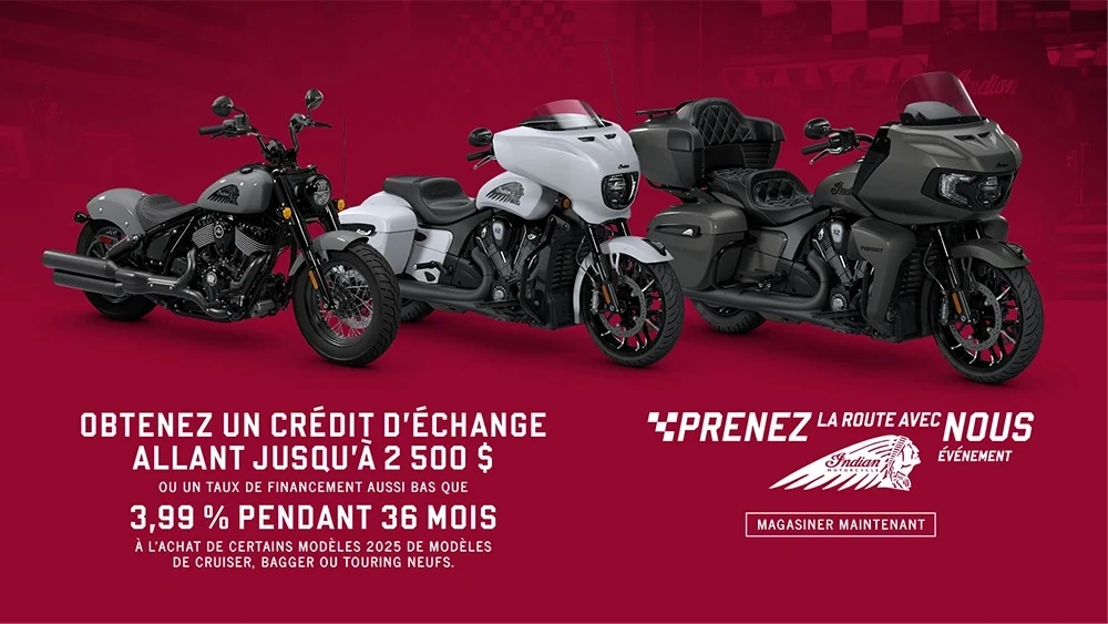 Promotion : obtenez jusqu'à 2 500 $ de crédit de reprise ou un financement spécial sur une sélection de modèles Cruiser, Bagger et Touring 2025 neufs. alt