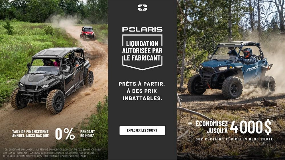 4 000 $ de remise sur certains véhicules hors route. Taux de financement aussi bas que 0.99 % pendant 36 mois. alt
