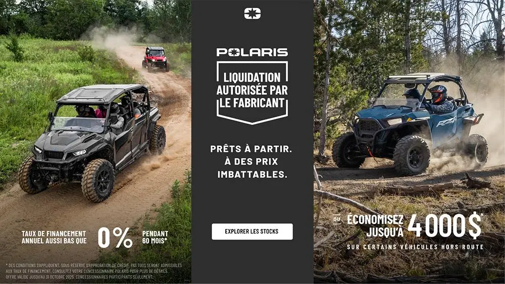 4 000 $ de remise sur certains véhicules hors route. ​​​​​​​Taux de financement aussi bas que 0% pendant 60 mois.