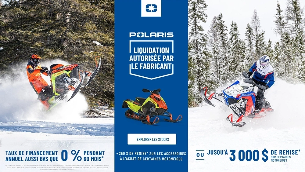 Polaris Motoneiges propose un financement à taux réduit pouvant aller jusqu'à 0 % sur 60 mois OU jusqu'à 3 000 $ de réduction sur certaines motoneiges dans le cadre d'une vente de liquidation autorisée par le fabricant. alt