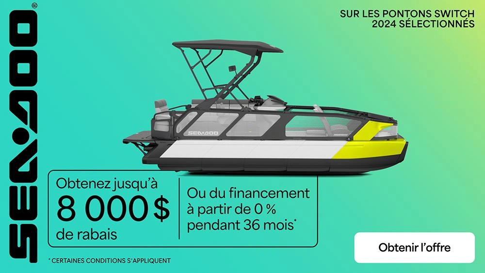 Obtenez jusqu'à 8 000 $ de rabais ou du financement à partir de 0% pour 36 moins à l'achat d'un modèle Sea-Doo Switch 2024 sélectionné alt