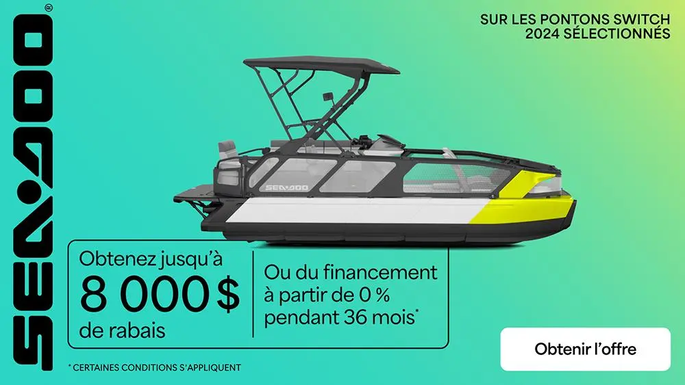 Obtenez jusqu'à 8 000 $ de rabais ou du financement à partir de 0% pour 36 moins à l'achat d'un modèle Sea-Doo Switch 2024 sélectionné