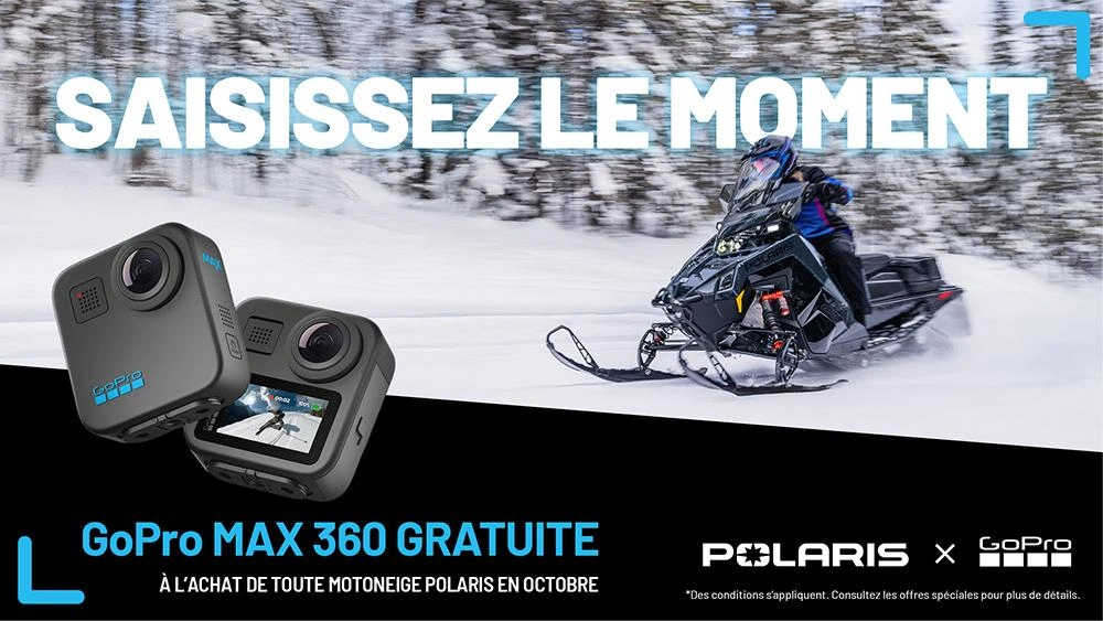 Polaris Motoneiges offre une GoPro GRATUITE pour tout achat d'une motoneige au cours du mois d'octobre seulement. alt