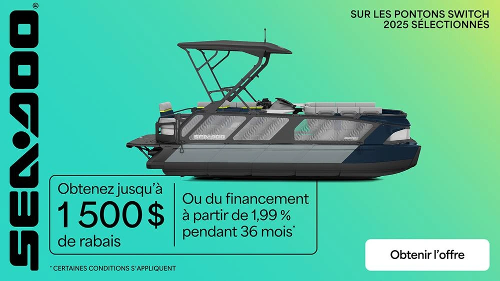 Obtenez jusqu'à 1 500 $ de rabais ou du financement à partir de 1,99 % pour 36 moins à l'achat d'un modèle Sea-Doo Switch 2025 sélectionné alt