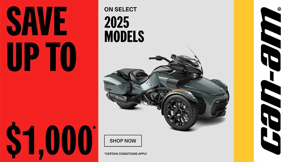 Get up to a $1,000 rebate or financing starting at 1.99% for 36 months on select 2025 Can-Am 3-Wheels