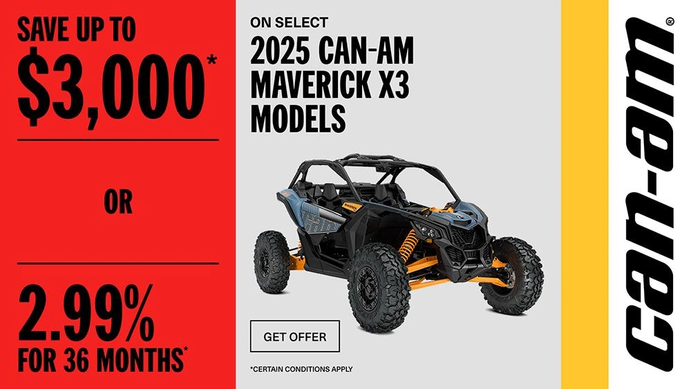 Rebate of up to $3,000 or 2.99% for 36 months on select 2025 Can-Am Maverick X3 models alt