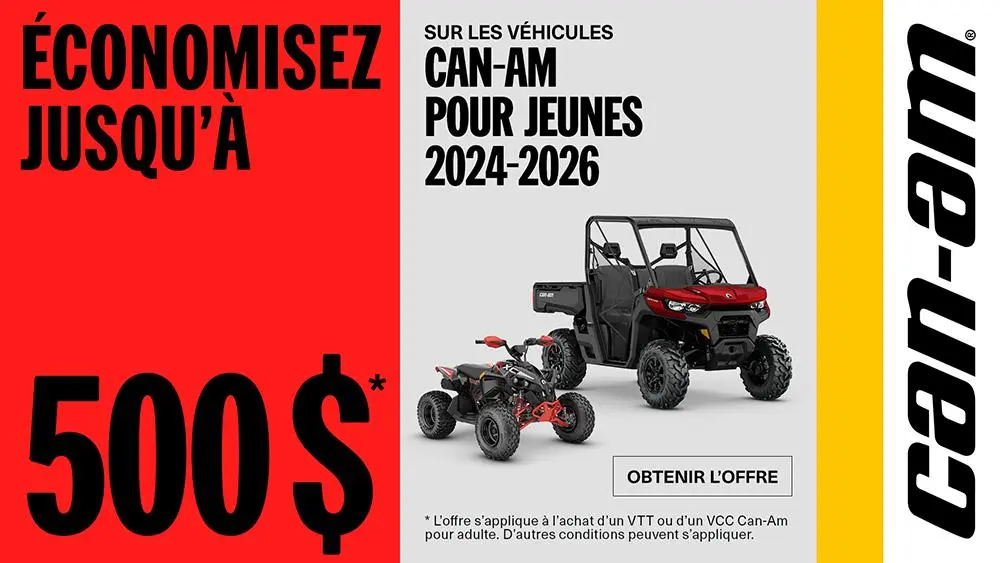 Rabis allant jusqu'à 750 $ ou 500 $ + 2,99 %/36 mois sur un VTT Youth 2025 à l'achat d'une motoneige, d'un VTT ou d'un VCC pour adulte