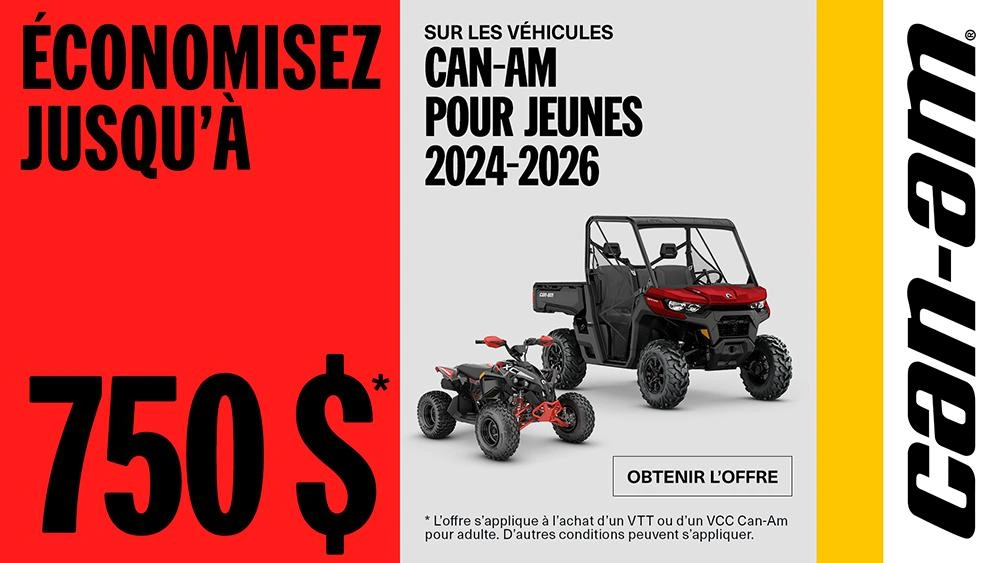 Rabis allant jusqu'à 750 $ ou 500 $ + 2,99 %/36 mois sur un VTT Youth 2025 à l'achat d'une motoneige, d'un VTT ou d'un VCC pour adulte alt
