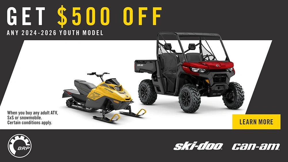 Rebate of up to $750 OR $500+2.99%/36mo on 2025 Youth ATV with purchase of an adult Snowmobile, ATV OR SSV alt