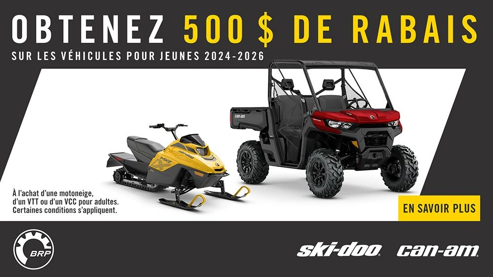 Rabis allant jusqu'à 750 $ ou 500 $ + 2,99 %/36 mois sur un VTT Youth 2025 à l'achat d'une motoneige, d'un VTT ou d'un VCC pour adulte alt