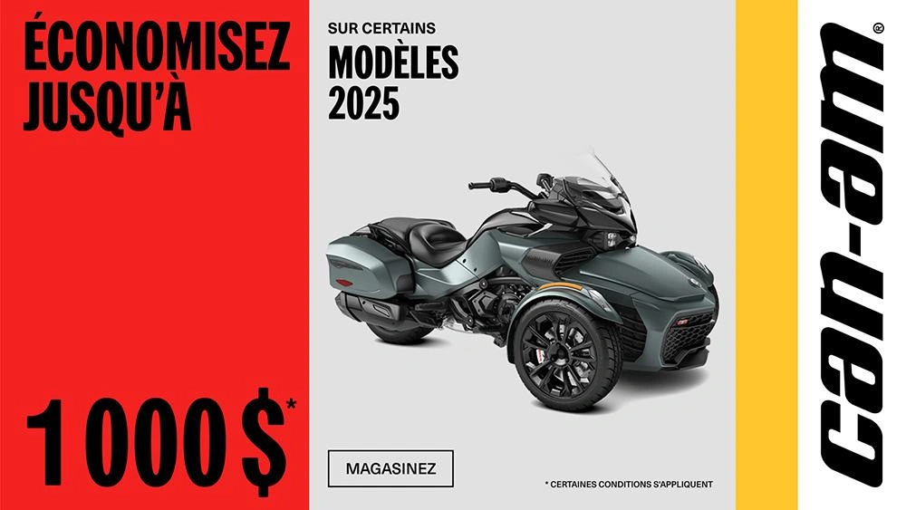 Obtenez un rabais jusqu'à 1 000 $ ou du financement à partir de 1.99 % pour 36 mois sur tous les modèles Can-Am 3 roues 2025 alt