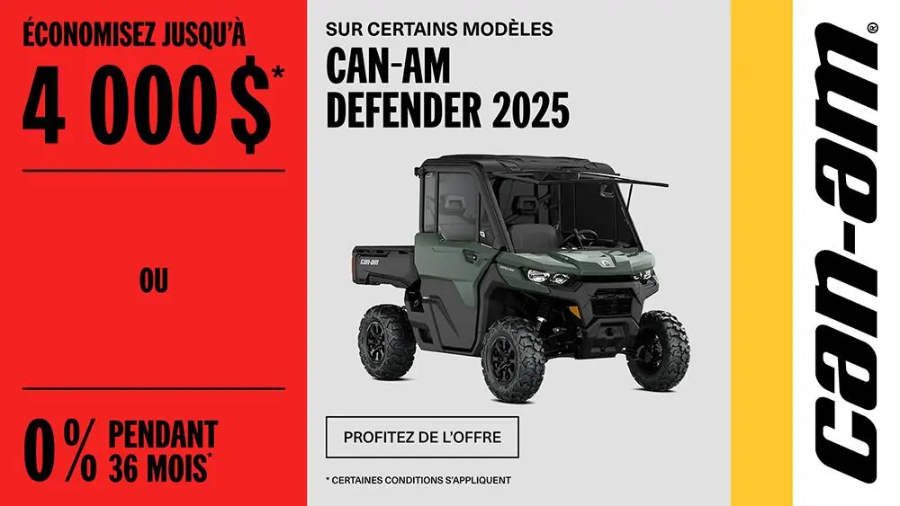Rabais jusqu'à 4 000 $ ou 0 % pendant 36 mois sur certains modèles Can-Am Defender 2025