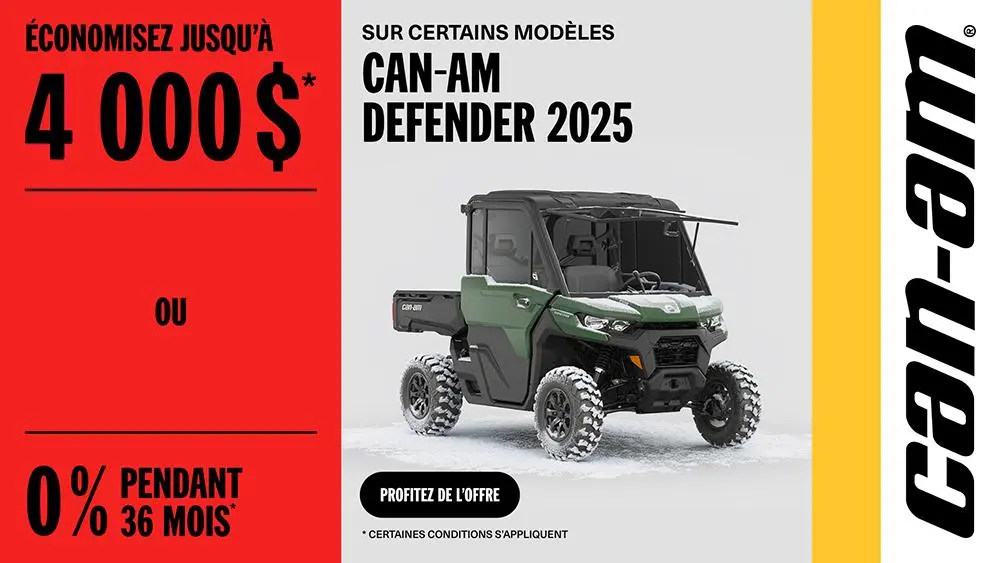 Rabais jusqu'à 4 000 $ ou 0 % pendant 36 mois sur certains modèles Can-Am Defender 2025
