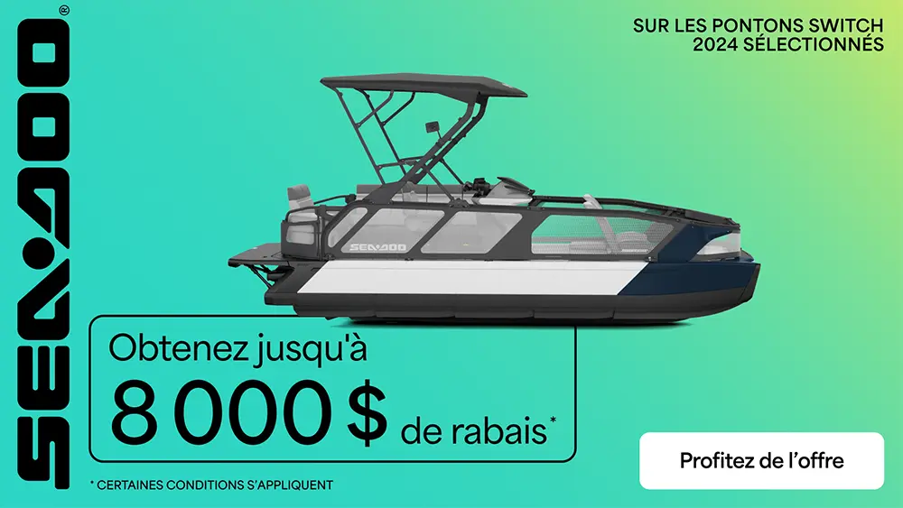 Obtenez jusqu'à 8 000 $ de rabais ou du financement à partir de 0% pour 36 moins à l'achat d'un modèle Sea-Doo Switch 2024 sélectionné