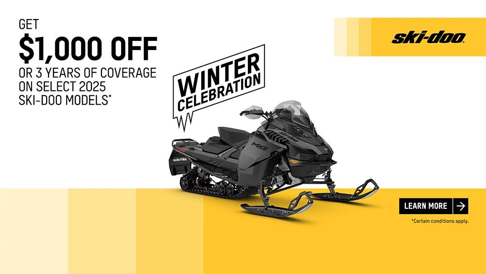 Get a $1,000 rebate or 3 years of coverage or financing starting at 1.99% for 36 months on select 2025 Ski-Doo and Lynx models (trail) alt