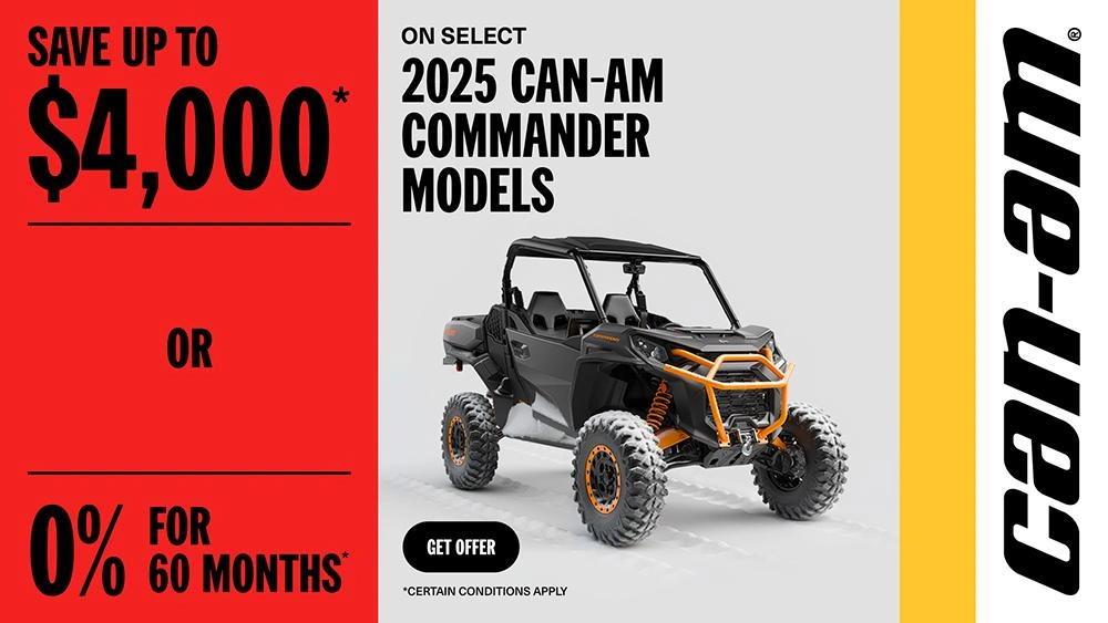 Rebate of up to $4,000 or 0% for 60 months on select 2025 Can-Am Commander models alt