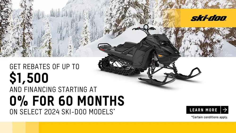 Get rebates up to $1,500 and financing starting at 0% for 60 months on select 2024 Ski-Doo models