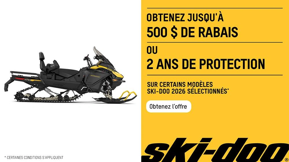 Obtenez jusqu’à 500 $ de remise ou 2 ans de couverture sur certains modèles Ski-Doo 2026 sélectionnés. alt