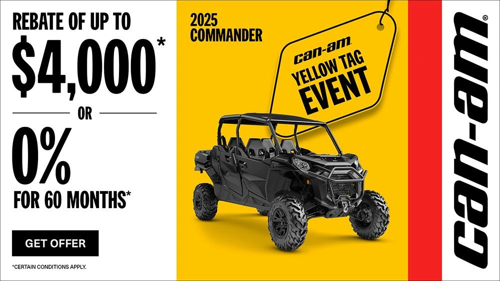 Rebate of up to $4,000 or 0% for 60 months on select 2025 Can-Am Commander models alt