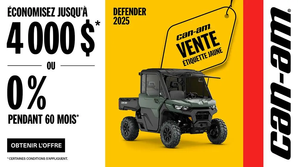 Rabais jusqu'à 4 000 $ ou 0 % pendant 60 mois sur certains modèles Can-Am Defender 2025
