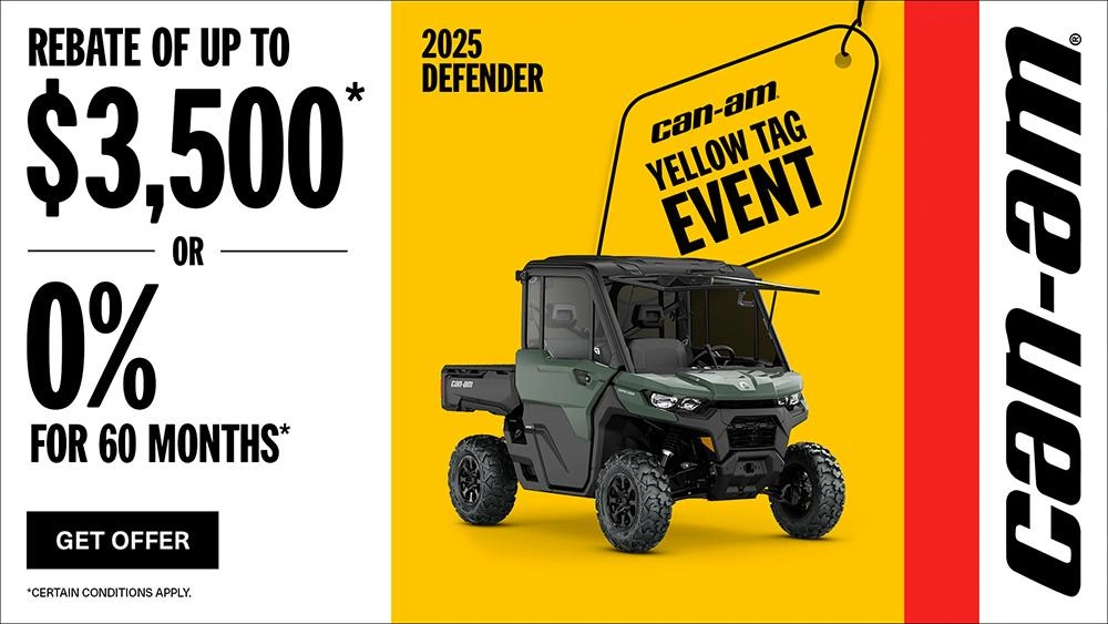 Rebate of up to $3,500 or 0% for 60 months on select 2025 Can-Am Defender models alt
