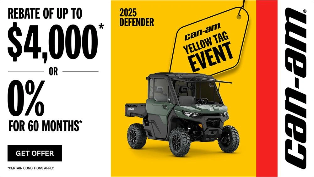 Rebate of up to $4,000 or 0% for 60 months on select 2025 Can-Am Defender models alt