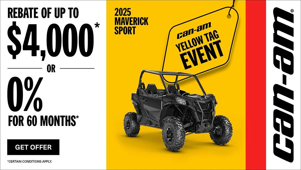 Rebate of up to $4,000 or 0% for 60 months on select 2025 Can-Am Maverick Trail & Sport models alt