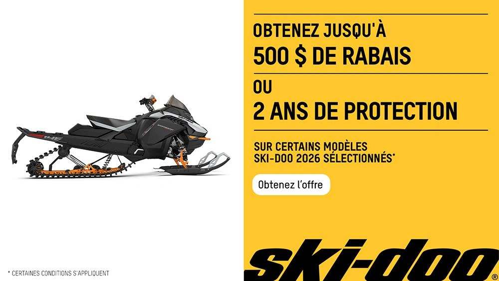 Obtenez 500 $ de rabais ou 2 ans de protection sur les motoneiges Ski-Doo 2026 sélectionnées alt