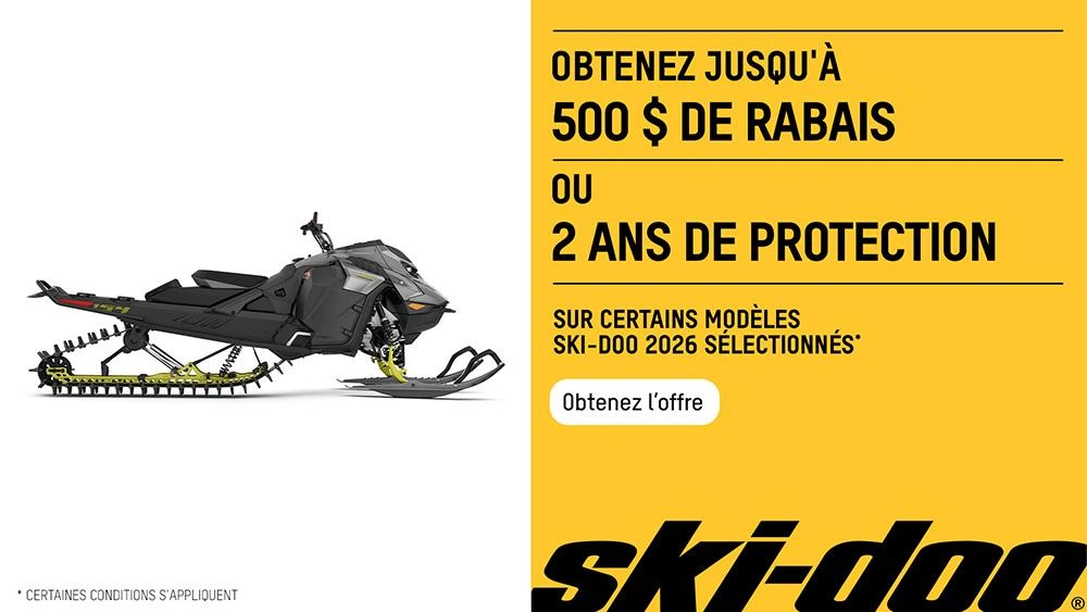 Obtenez 500 $ de rabais ou 2 ans de protection sur les motoneiges Ski-Doo 2026 sélectionnées alt