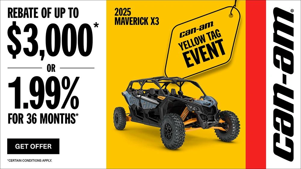 Rebate of up to $3,000 or 1.99% for 36 months on select 2025 Can-Am Maverick X3 models alt
