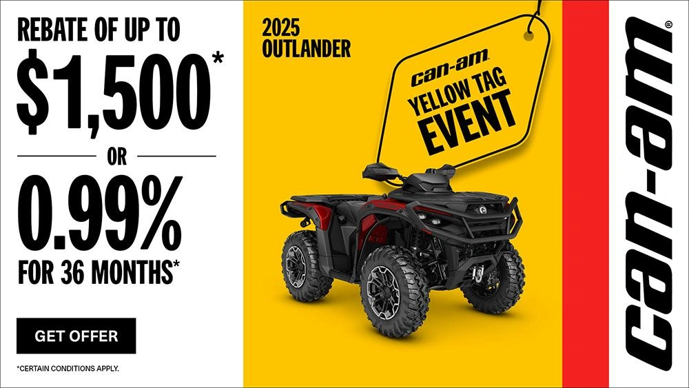 Rebate of up to $1500 or 0.99% for 36 months on select 2025 Can-Am Outlander models alt