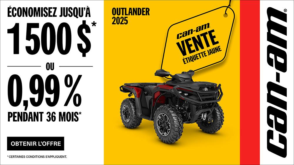 Rabais jusqu'à 1500 $ ou 0,99 % pendant 36 mois sur certains modèles Can-Am Outlander 2025 alt