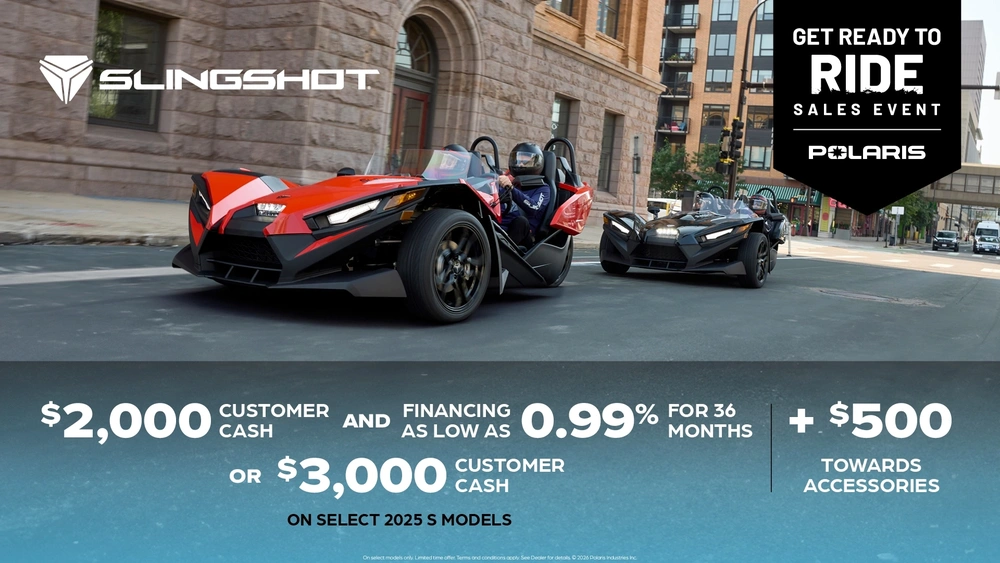 $2,000 Customer Cash and Financing offer for Slingshot S Models OR $3,000 Customer Cash alt