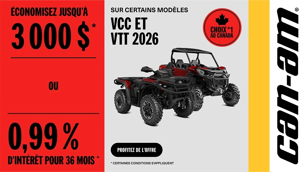Économisez jusqu'à 3 000 $ ou 0,99% d'intérêt pour 36 mois sur certains modèles VCC et VTT 2026 alt