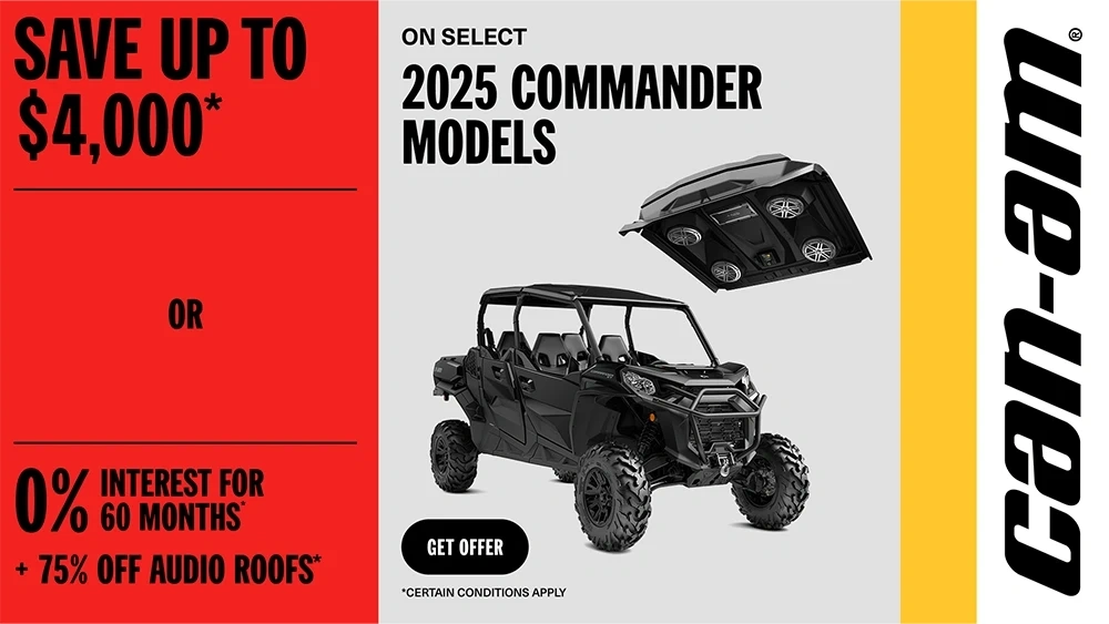 Save up to $4,000 or 0% for 60 months +  75% off on audio roof on select 2025 Commander models alt
