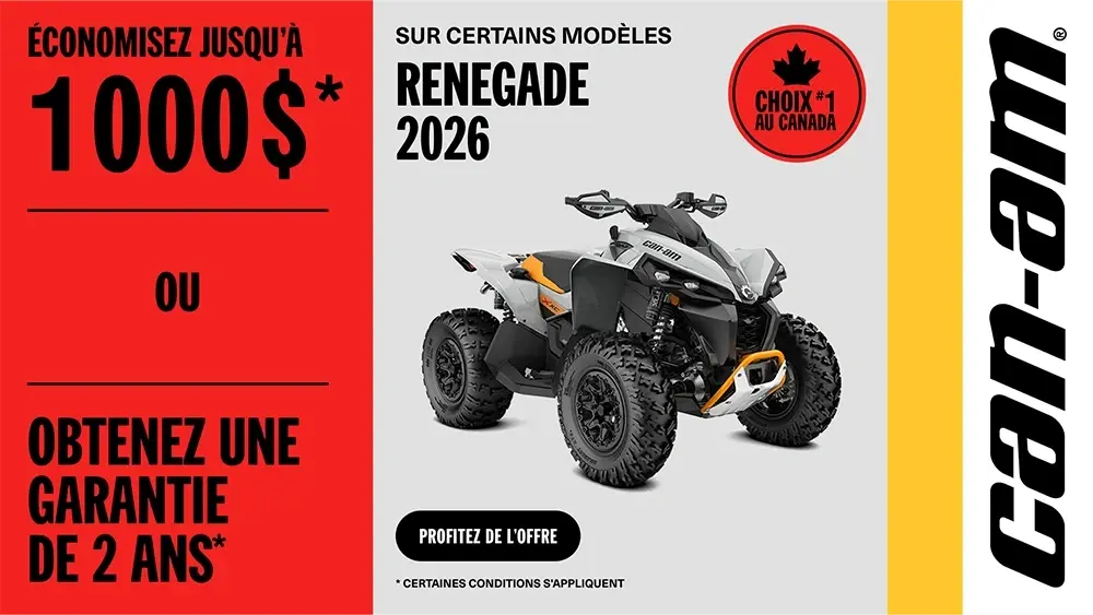 Économisez jusqu’à 1 000 $ ou 2 ans de protection sur les modèles Renegade 2026 sélectionnés