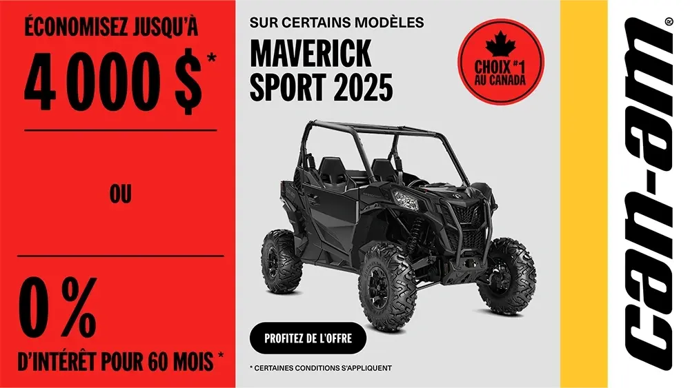 Économisez jusqu’à 4 000 $ ou 0% pour 60 mois sur le Can-Am Maverick Sport