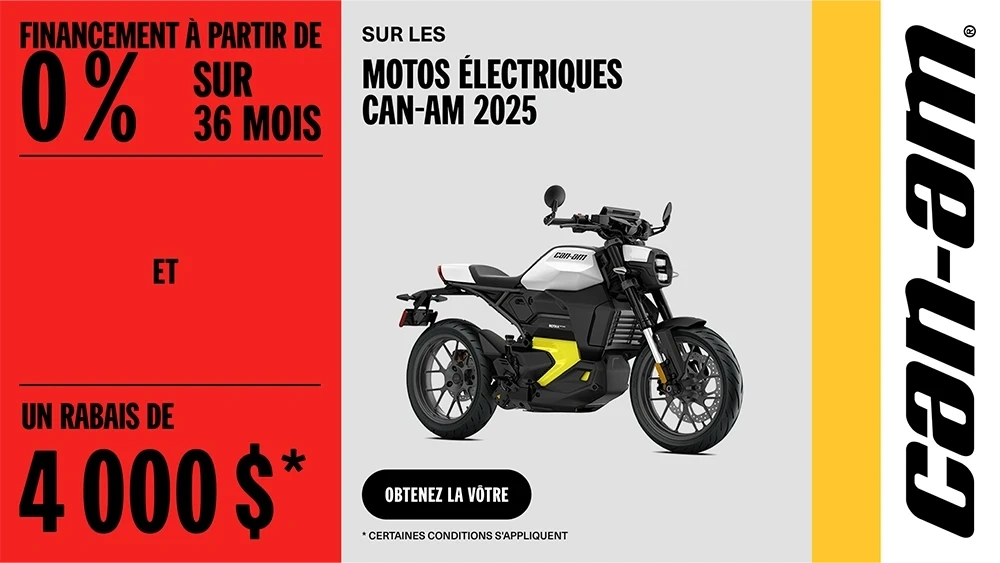 Financement aussi bas que 0% pour 36 mois et un rabais allant jusqu’à $4,000 sur les motos électriques Can-Am alt